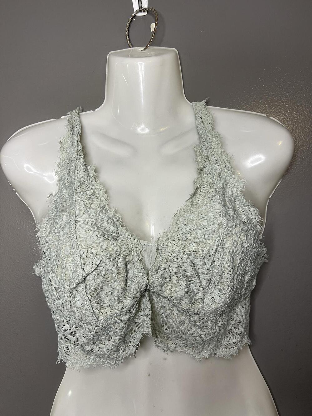 Aerie Bralette Bra Womens Medium Green Lace Wireless Lined Adjustable Straps